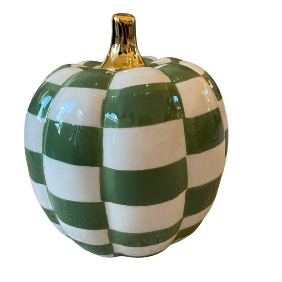 Green & White CHECKERED Pumpkin w/ Gold Stem 7in Ceramic Fall Home Decor New - Picture 11 of 11